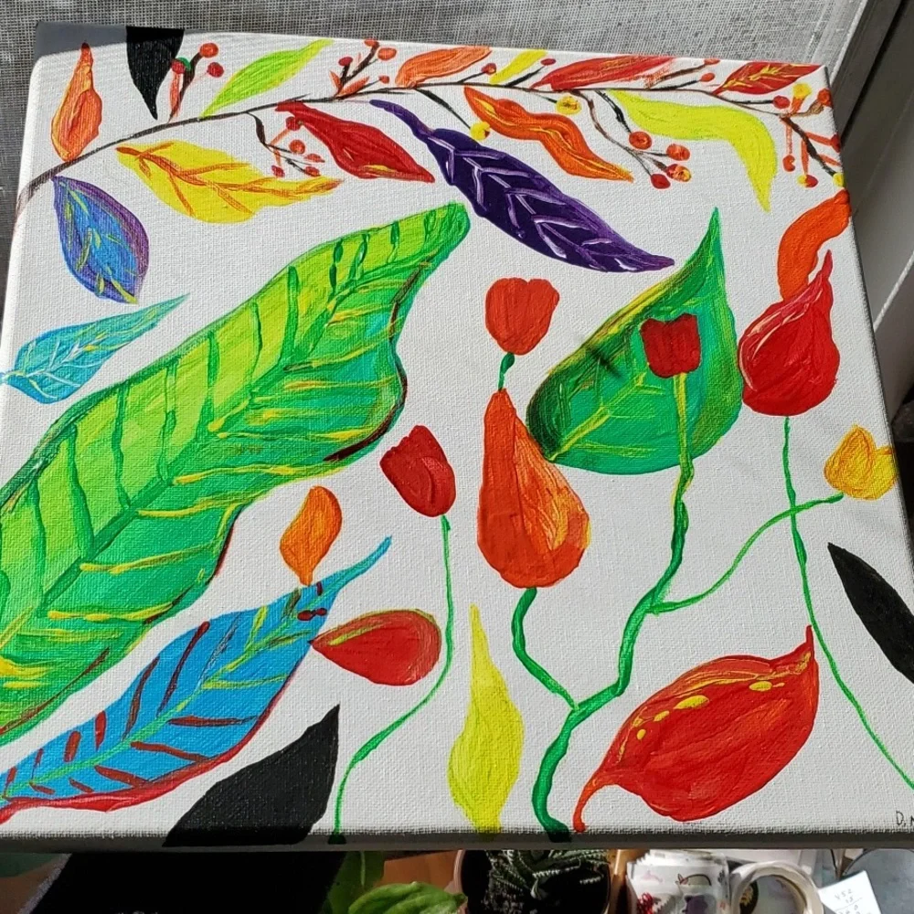 Original Unique Folk Art Floral Fauna Acrylic Painting Handmade‎ Art Home Decor